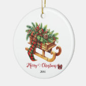 木製のそりモミの枝グリーンと赤の格子縞 セラミックオーナメント (左)