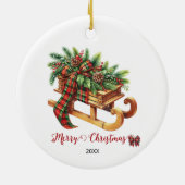 木製のそりモミの枝グリーンと赤の格子縞 セラミックオーナメント (裏面)