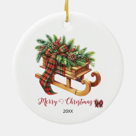 木製のそりモミの枝グリーンと赤の格子縞 セラミックオーナメント (裏面)