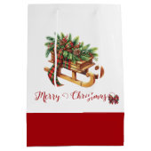 木製のそりモミの枝グリーンと赤の格子縞 ミディアムペーパーバッグ (裏面)