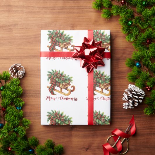 木製のそりモミの枝グリーンと赤の格子縞 ラッピングペーパー (クリスマスギフト)