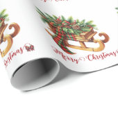 木製のそりモミの枝グリーンと赤の格子縞 ラッピングペーパー (ロールコーナー)