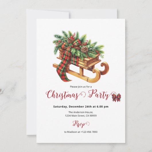 木製のそりモミの枝グリーンと赤の格子縞 招待状 (正面)