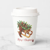 木製のそりモミの枝グリーンと赤の格子縞 紙コップ (裏面)