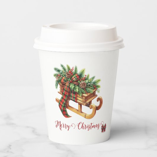 木製のそりモミの枝グリーンと赤の格子縞 紙コップ (裏面)