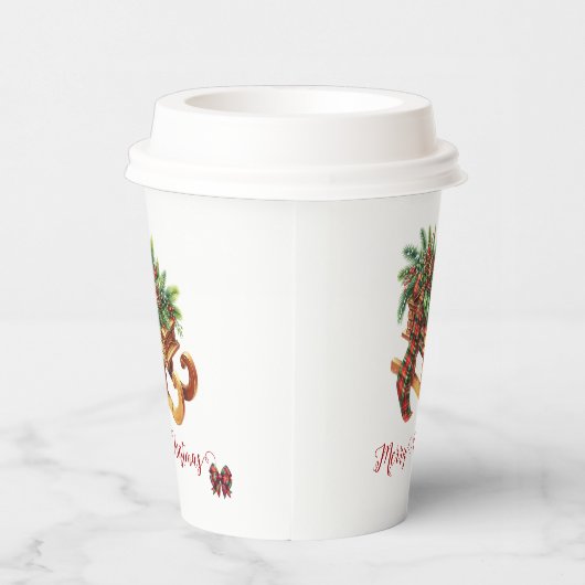 木製のそりモミの枝グリーンと赤の格子縞 紙コップ (右)