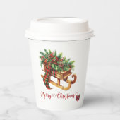 木製のそりモミの枝グリーンと赤の格子縞 紙コップ (正面)