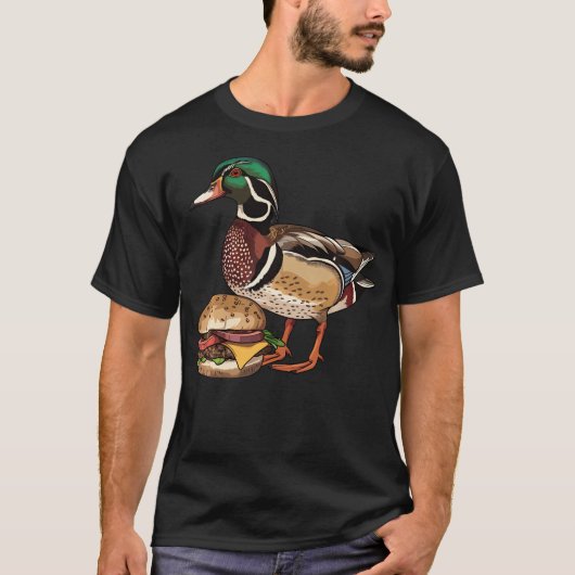 木製のアヒルがハンバーガーを食べている Tシャツ (正面)