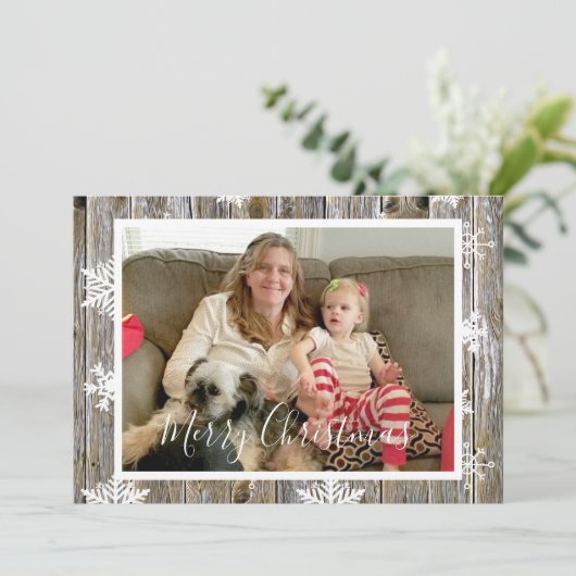木製のウェザードなクリスマスカードに雪の結晶と家族写真 シーズンカード (スタンド正面)