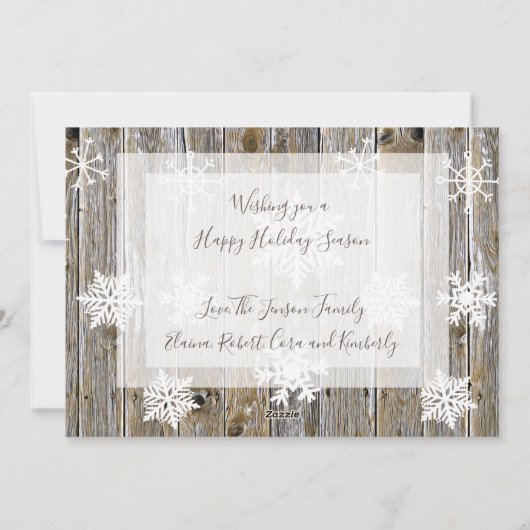 木製のウェザードなクリスマスカードに雪の結晶と家族写真 シーズンカード (裏面)
