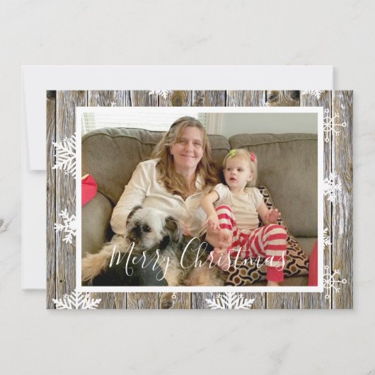 木製のウェザードウッドと雪の結晶の写真クリスマス シーズンカード (正面)