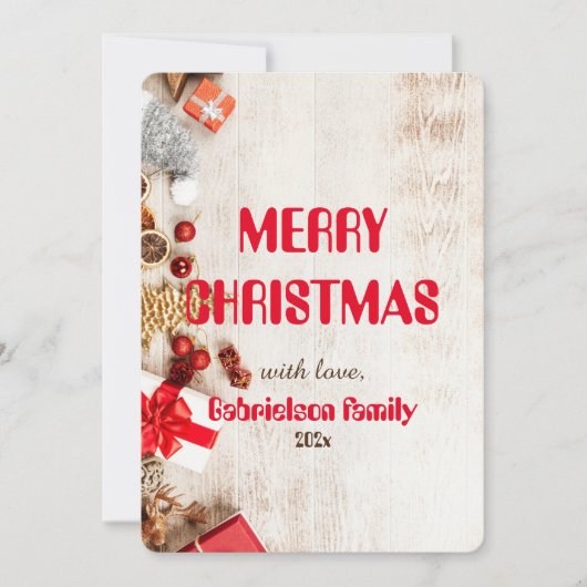 木製のエレガントなファミリークリスマスをカスタマイズ シーズンカード (正面)