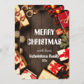 木製のエレガントなファミリークリスマスをカスタマイズ シーズンカード (正面/裏面)