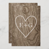 木製のカップルのシャワーに結婚イニシャルを持つハート 招待状 (正面/裏面)