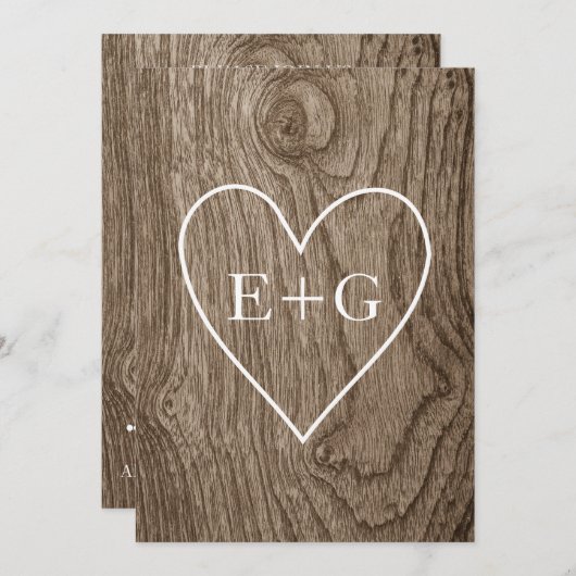 木製のカップルのシャワーに結婚イニシャルを持つハート 招待状 (正面/裏面)