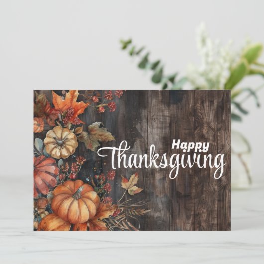 木製のカボチャと葉のハッピーサンクスギビング シーズンカード (スタンド正面)