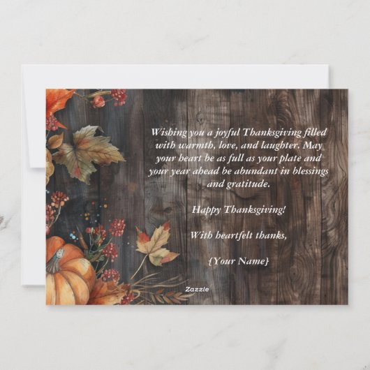 木製のカボチャと葉のハッピーサンクスギビング シーズンカード (裏面)