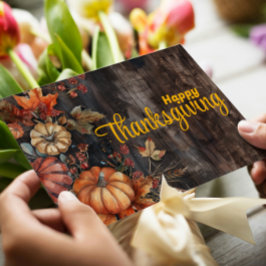 木製のカボチャと葉のハッピーサンクスギビング シーズンカード