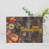 木製のカボチャと葉のハッピーサンクスギビング シーズンカード (スタンド正面)