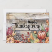 木製のカボチャと葉の感謝祭 シーズンカード (正面)