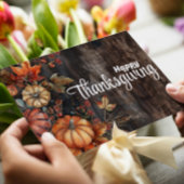 木製のカボチャと葉　ハッピーサンクスギビング シーズンカード