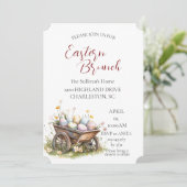 木製のカートに卵を載せたイースター・ブランチ 招待状 (スタンド正面)