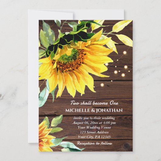 木製のクロスストリングライト付きひまわりをフィーチャーしたクリスチャンウェディング 招待状 (正面)