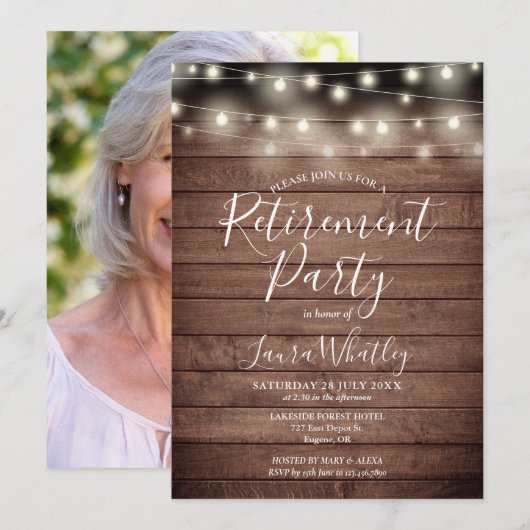 木製のストリングライトの写真を使った引退パーティーの招待状 招待状 (正面/裏面)