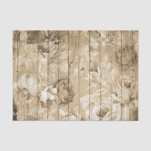 木製のセピア調の花とバラ 薄葉紙 (正面)