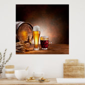 木製のテーブル2にビアグラス付きのビール樽 ポスター (キッチン)