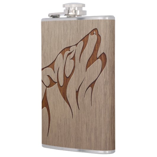 木製のデザインで刻まれるオオカミの遠ぼえ フラスク (左)