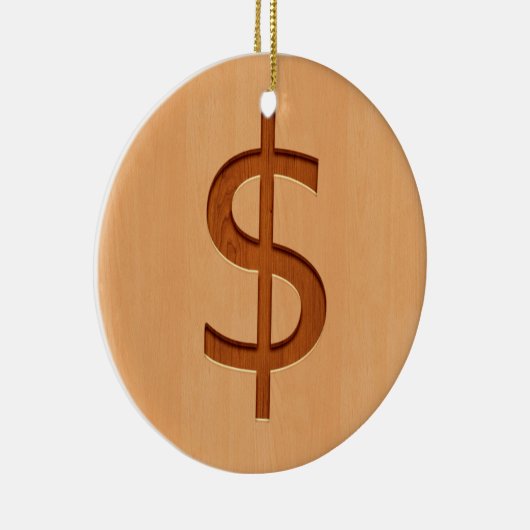 木製のデザインで刻まれるドルの記号 セラミックオーナメント (右)