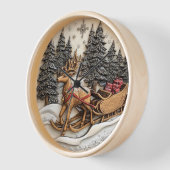 木製のトナカイそり彫刻 壁時計 (傾斜)