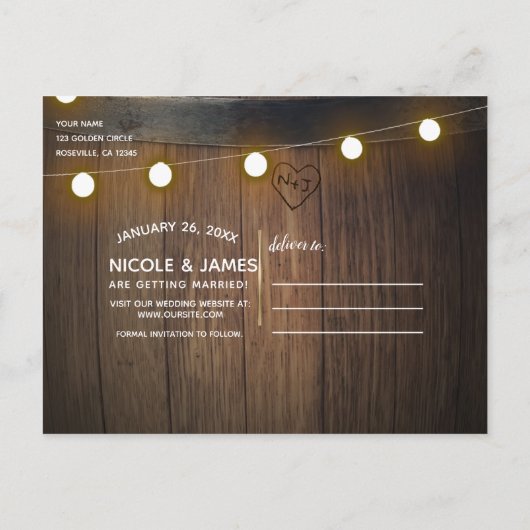 木製のバレル彫りハートライト日付を保存 案内ポストカード (裏面)