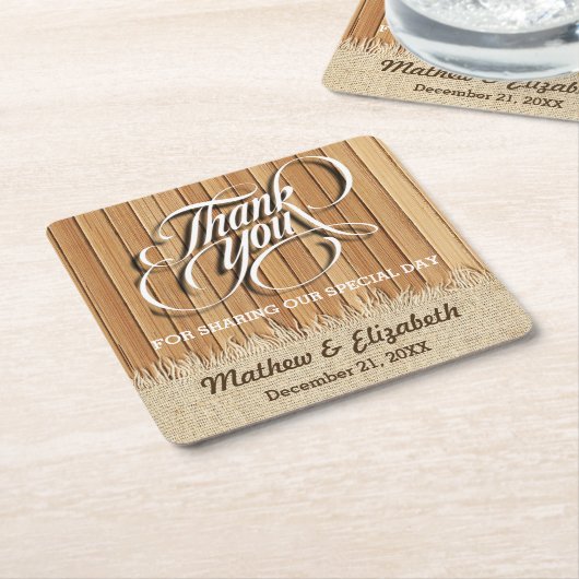 木製のバーラップは結婚式感謝していしています スクエアペーパーコースター (アングル)