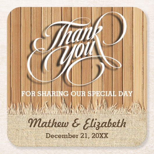 木製のバーラップは結婚式感謝していしています スクエアペーパーコースター (正面)