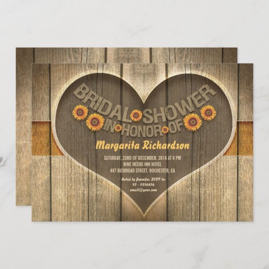 木製のヒマワリの国スタイルのブライダルシャワーの招待 招待状 (正面/裏面)