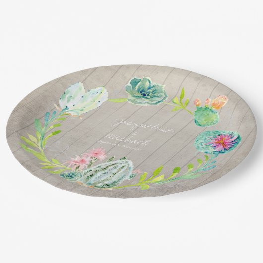 木製のブライダルシャワーの装飾のサボテンのSucculentの砂漠 ペーパープレート (アングル)