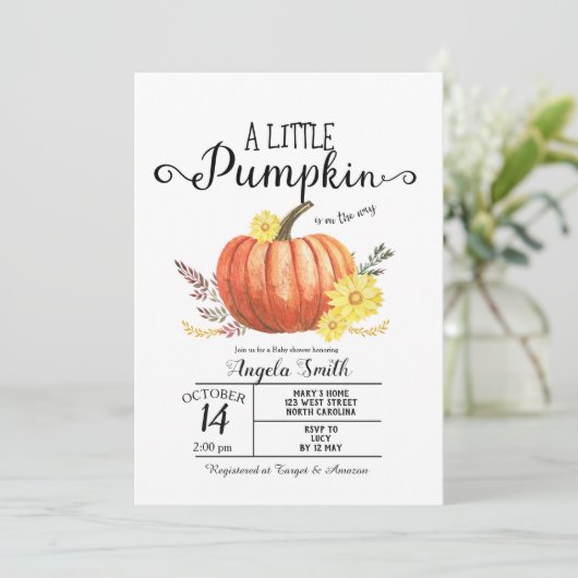 木製のベビーシャワー素朴な少しカボチャ招待状 招待状 (スタンド正面)