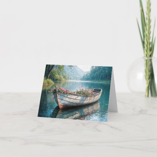 木製のボートの中のピンク色のゲラニウム シーズンカード (正面)