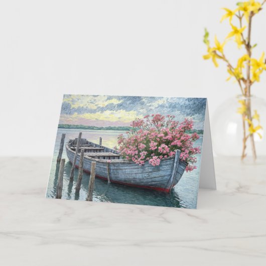 木製のボート悔やみや弔慰のピンクのゲラニウム カード (黄色い花)