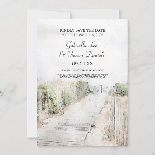 木製のボードウォークへビーチ結婚式日付を保存 招待状 (正面)