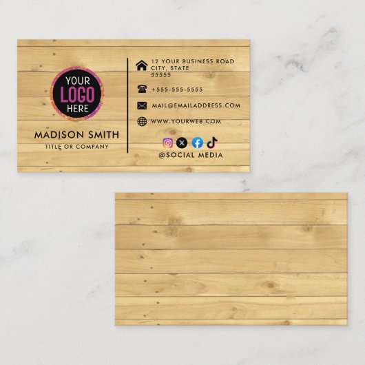 木製のミニマルモダンムなソーシャルメディアのアイコン 名刺 (正面/裏面)