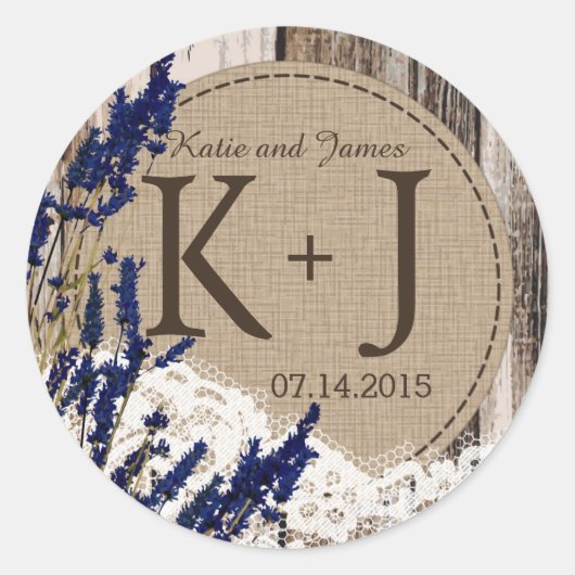 木製のラベンダーのレースの素朴なモノグラムの結婚式のラベル ラウンドシール (正面)