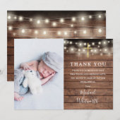 木製のランタンとコードの写真 誕生の感謝 サンキューカード (正面/裏面)