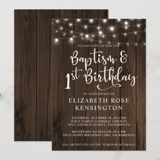 木製のランタンを使った洗礼と1歳の誕生日 招待状 (正面/裏面)