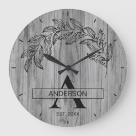 木製のログハウス風 ファミリー ネーム モノグラム ラージ壁時計