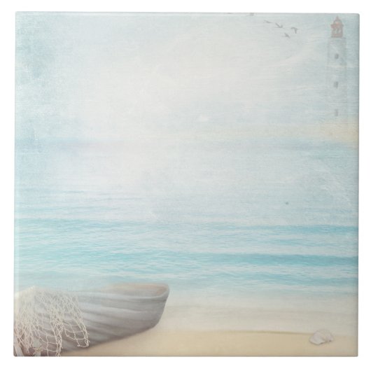 木製のローボートで沿岸ビーチシーン タイル (正面)