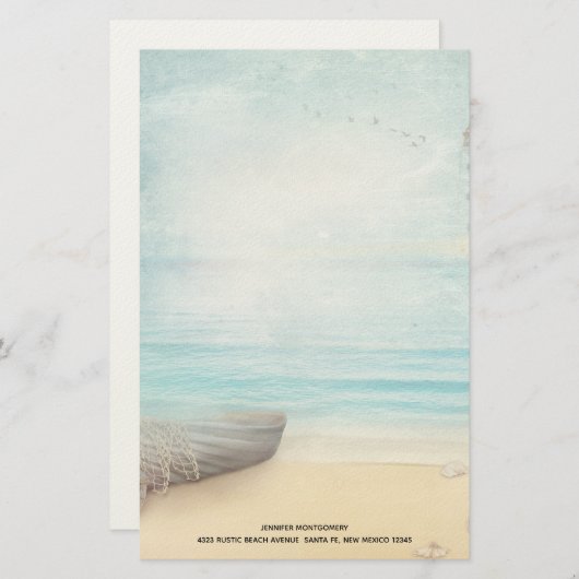 木製のローボートで沿岸ビーチシーン 便箋 (正面/裏面)