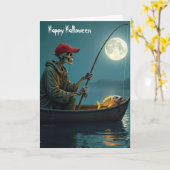 木製のローボートにハロウィーンのスケルトン魚釣り カード (黄色い花)